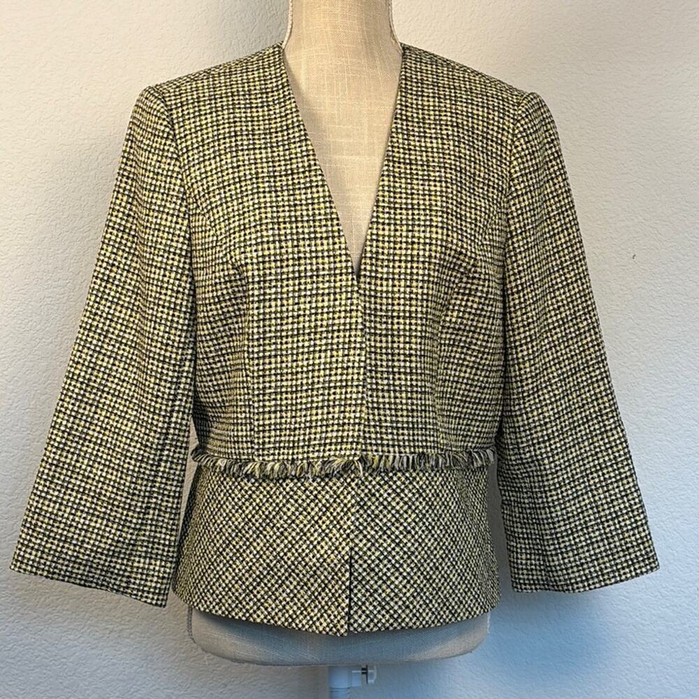 Kasper Yellow Black White Tweed Women’s Open Front Jacket Size 12P Workwear